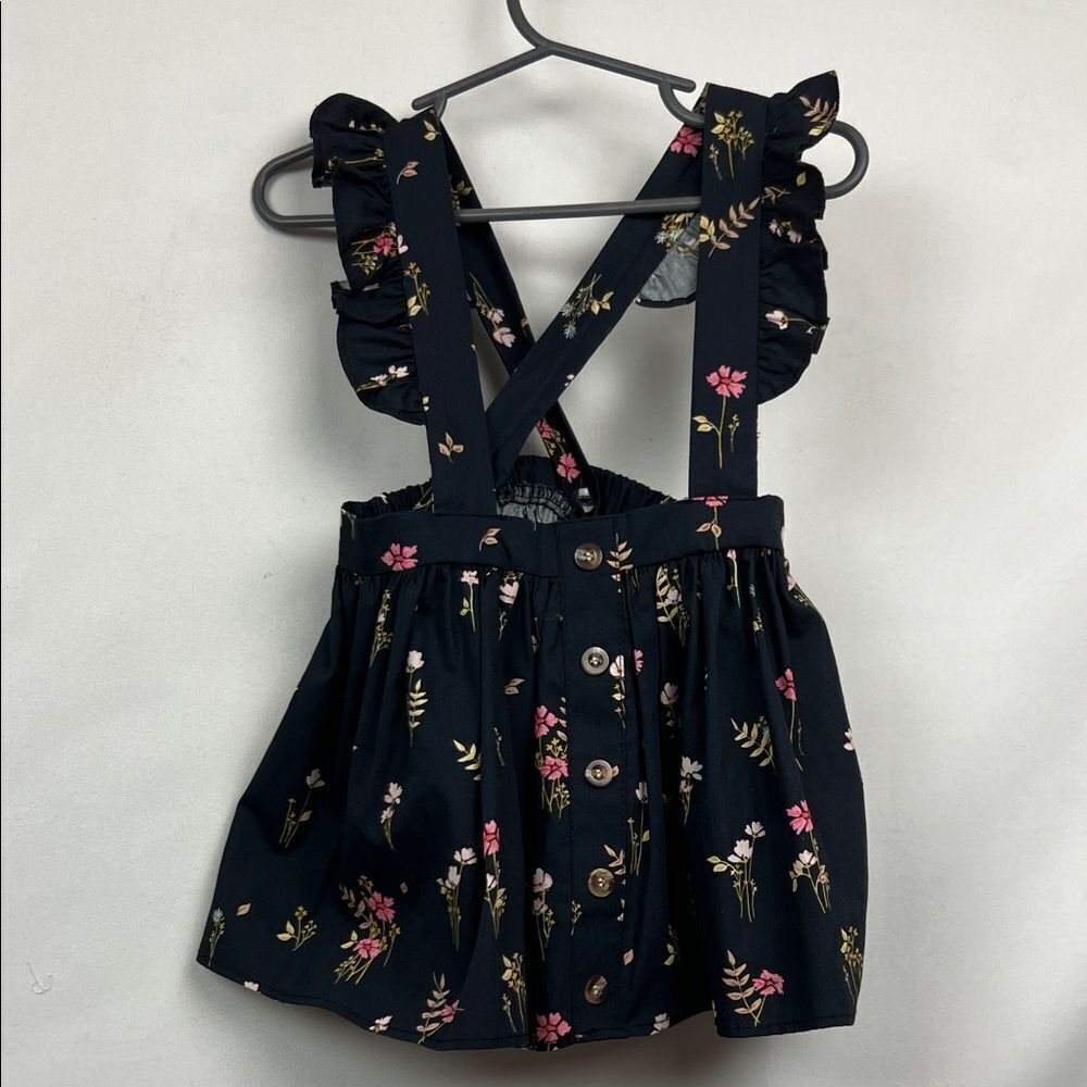Ricrac and Ruffles Navy blue floral button front ruffle suspender cotton skirt